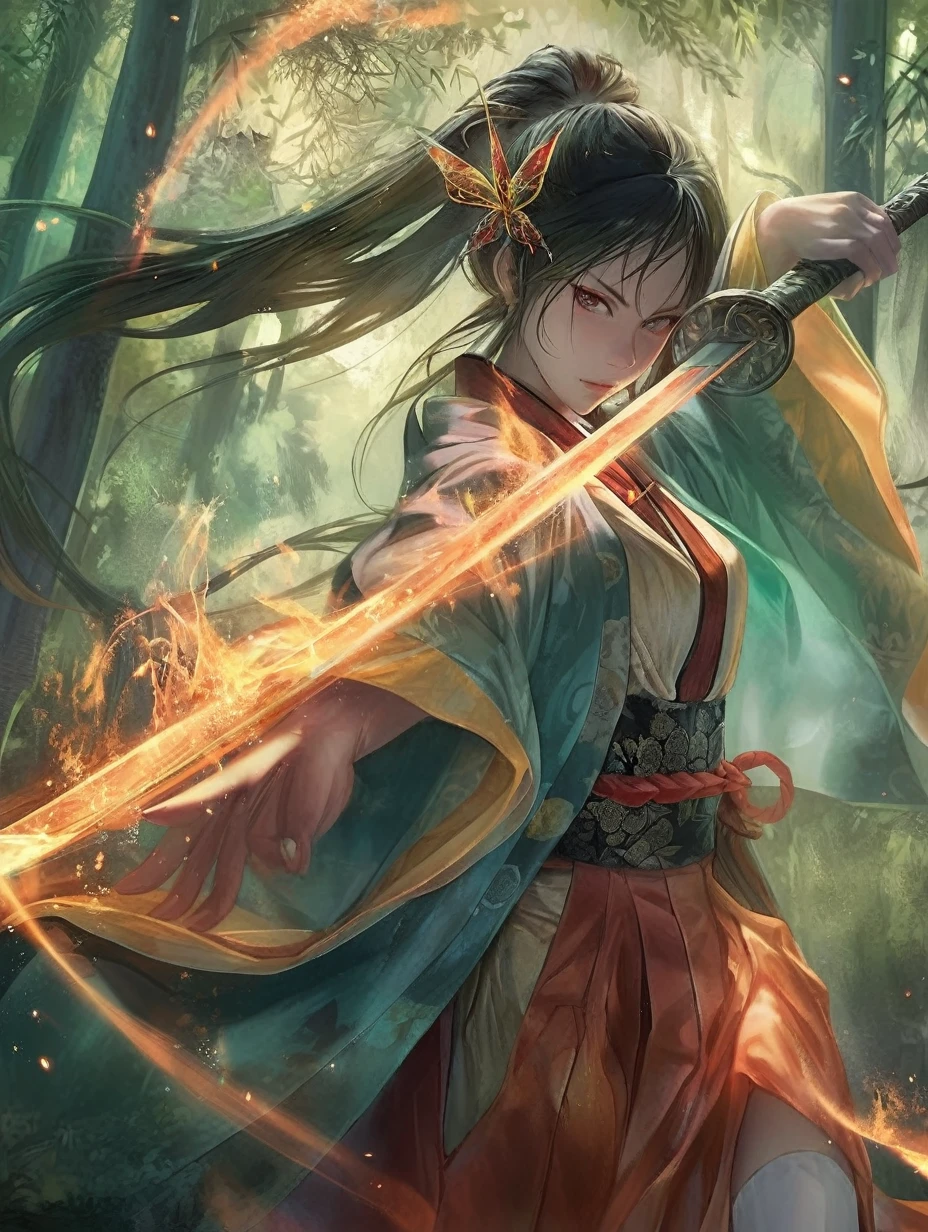 1female, 20 years old, Asian golden red eyes, thin eyes, yellowish skin, long black hair in a high ponytail, orange butterfly hairpin, bangs, turquoise Japanese haori, pale red Japanese hakama pants, long sleeves, Japanese belt with butterfly ornaments, odachi Japanese sword with fire magic, stern expression, concentration, forest around, fire magic, butterflies, battle pose
