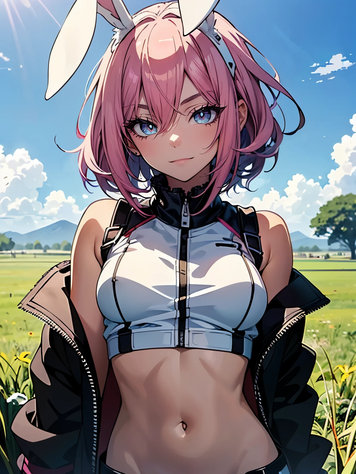 ((Seductive Anime Girl:1.3, solo:1.5))、((teenage girl:1.2))、((fusion of rabbit and girl:1.4))、energetic、((happy smile:1.3))、((pink color, leather clothes))、((Being in grassland:1.3)), erect nipples、((jumping:1.3))、((open clothes:1.2))、((crop top navel:1.2))、((small breasts))、((sleeveless:1.2))、((Glossy realistic skin texture))、ultra-detailliert, hiquality, Top image quality, digitial illustration, Smooth texture、shiny skin、Sharp Focus、watercolor