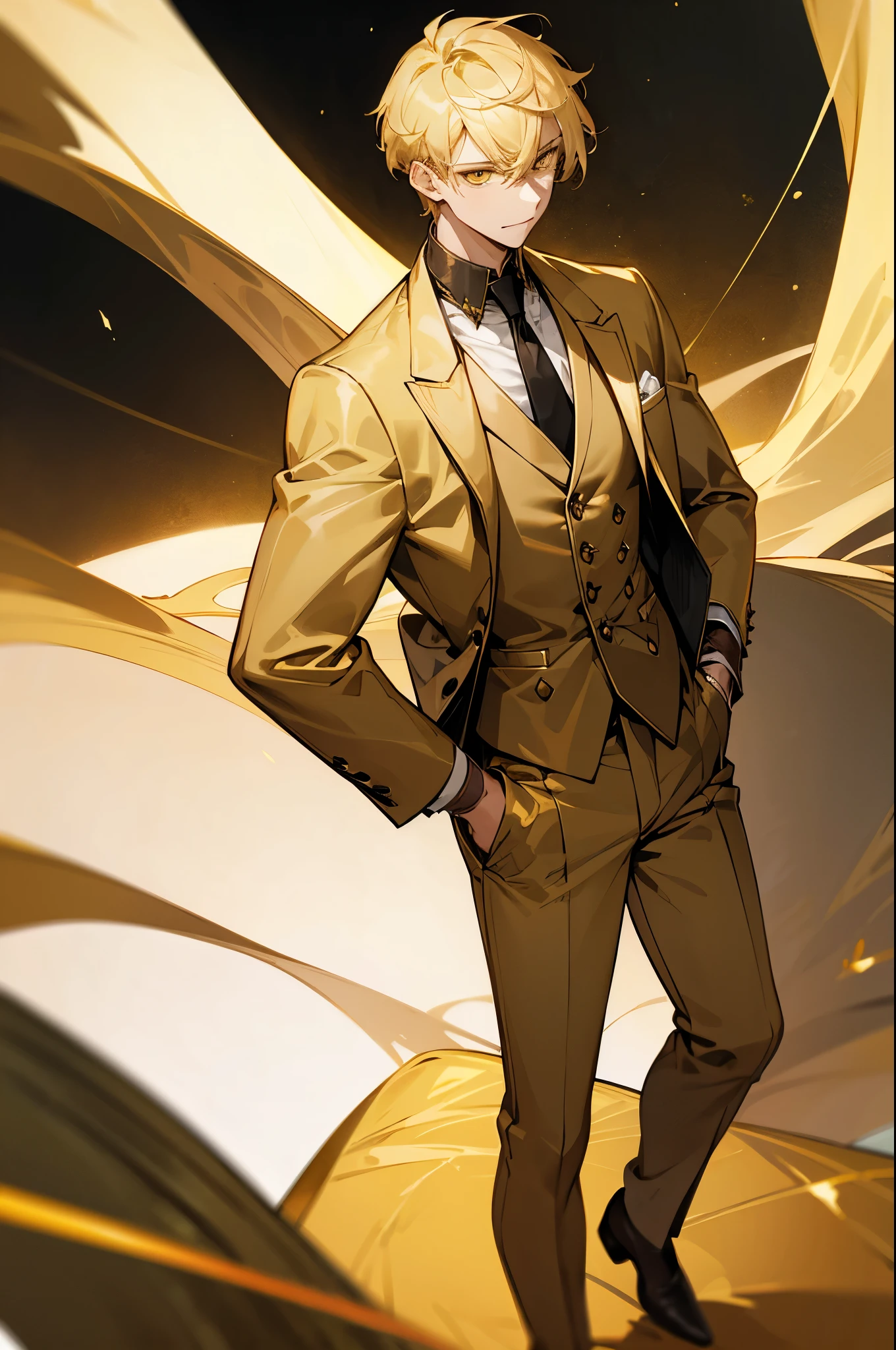 1male, fancy clothes, adult, male, yellow eyes, happy, blonde hair, short hair, hands in pockets, golden outfit