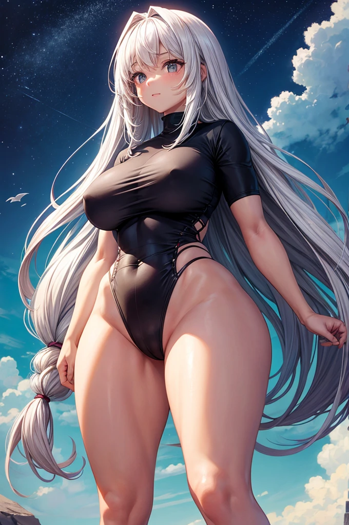 a  girl. With a body physique of huge and wide hips, big thighs, round ass, long white hair, medium breasts.