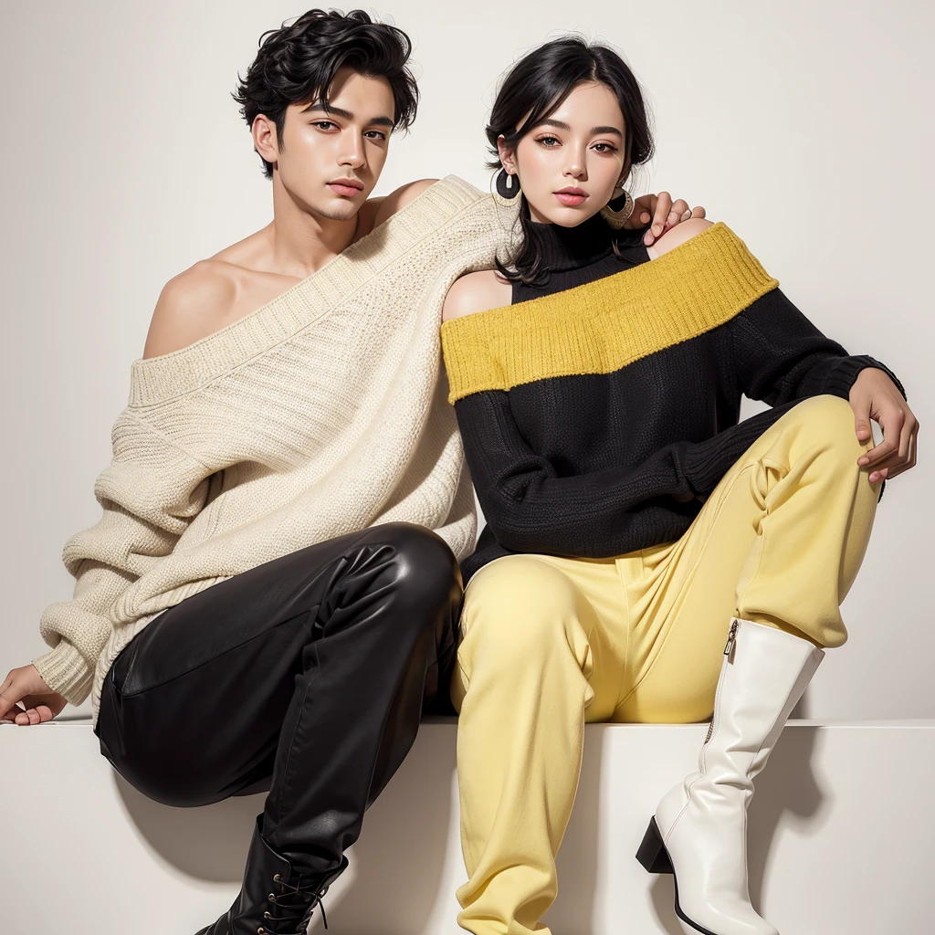 ((best qualityer)), ((work of art)), (detailded), 1 boy, Bblack hair, yellow off-shoulder sweater, white boot, yellow pants, White background,