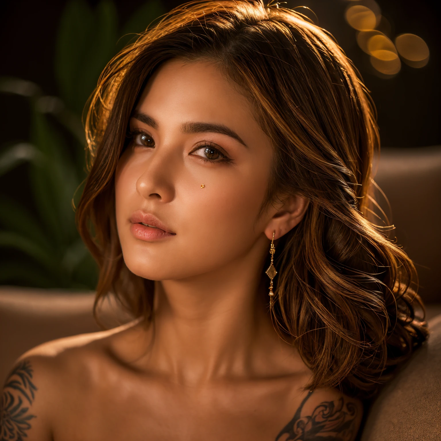 a beautiful woman with full sleeve tattoos, sitting seductively on a sofa, detailed facial features, (best quality,4k,8k,highres,masterpiece:1.2),ultra-detailed,(realistic,photorealistic,photo-realistic:1.37),HDR,UHD,studio lighting,ultra-fine painting,sharp focus,physically-based rendering,extreme detail description,professional,vivid colors,bokeh,portrait,cinematic lighting,dramatic shadows,warm color palette,chiaroscuro