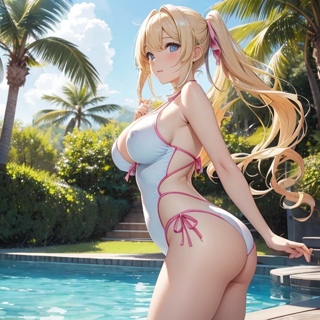 (masterpiece image, very detailed image, best high quality high definition image High very detailed Quality image, Very detailed high quality image), solo character back view, sunny natural park with pool
1girl, absolute beauty, 28 years old, fair pale skin, light blue eyes, sexy beauty features, long blonde golden hair tied in two pigtails with pink ribbons and blonde golden hair curly fringe near the nose, voluptuous figure, big breasts, round butt, beautiful legs, (white pale blue swimsuit), cheerful and friendly demeanor,