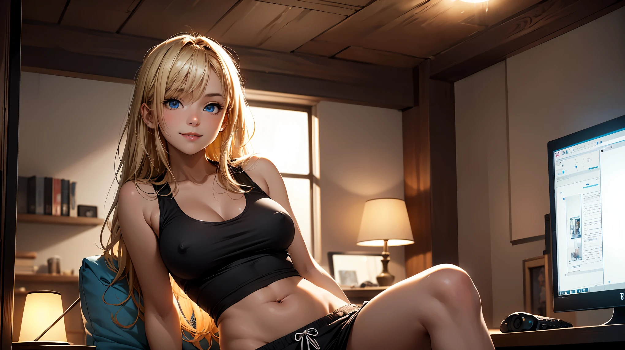 Create a high-quality, detailed image of a beautiful, anime lofi girl with long blonde hair, bright blue eyes, and a smile, sitting at her gaming PC in her gaming room. She is wearing a see through tank top, barely showing her nipples, and sleep shorts, showing her midriff, highlighting her stunning curves. The warm, inviting scene includes soft ambient lighting, comfortable seating, The setting is illuminated by a small lamp, creating a serene and intimate atmosphere