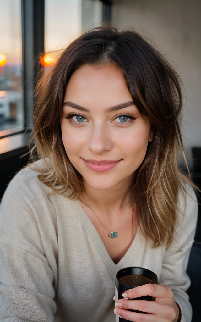 Cute beautiful blonde with yellow sweater (Drinking coffee in a modern café at sunset), muito detalhado, 14years old, innocent face, naturally wavy hair, blue eyes, high-res, masterpiece, best qulaity, Intricate detailing, muito detalhado, sharp focus, detailed skin, realistie Hauttextur, Textur, detailled eyes, professional, 4K, charming smile, taken with Canon, 85 mm, light depth of field, Kodak Vision Color, perfectly fitting body, extremely detail, photoshot_\(ultra\), fotorealisti, realisti, Post processing, maximum details, roughness, real life, ultrarealisti, photoshotrealismus, photoshotgrafie, 8K UHD, photoshotgrafie