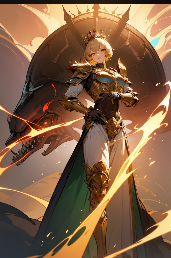 A woman adorned in fantasy-style full-body armor, a crown-concept fully enclosed helmet that unveils only her eyes, a composite layered chest plate, fully encompassing shoulder and hand guards, a lightweight waist armor, form-fitting shin guards, the overall design is heavy-duty yet flexible, (the armor gleams with a golden glow, complemented by red and blue accents), exhibiting a noble aura, she floats above a fantasy-surreal high-tech city, this character embodies a finely crafted fantasy-surreal style armored hero in anime style, exquisite and mature manga art style, (mixture of king bee and Spider concept Armor, plasma), ((Element, elegant, god, masculine:1.5)), metallic, high definition, best quality, highres, ultra-detailed, ultra-fine painting, extremely delicate, professional, anatomically correct, symmetrical face, extremely detailed eyes and face, high quality eyes, creativity, RAW photo, UHD, 32k, Natural light, cinematic lighting, masterpiece-anatomy-perfect, masterpiece:1.5, male, blonde hair, yellow eyes, short hair
