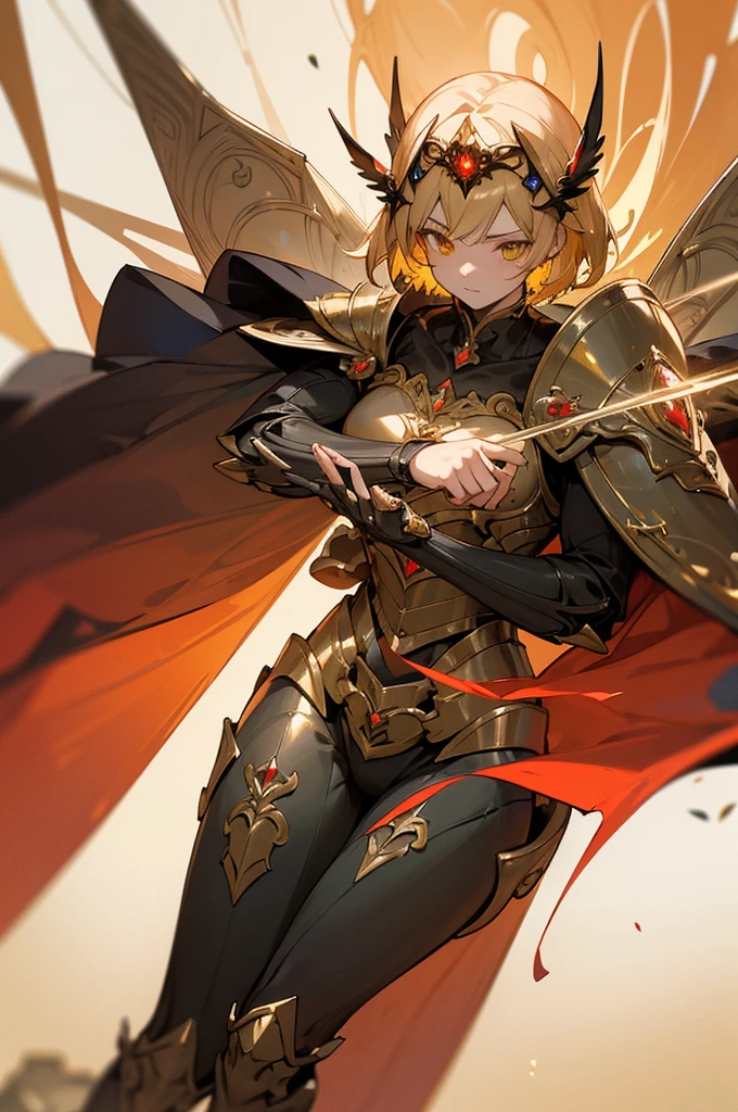 A woman adorned in fantasy-style full-body armor, a crown-concept fully enclosed helmet that unveils only her eyes, a composite layered chest plate, fully encompassing shoulder and hand guards, a lightweight waist armor, form-fitting shin guards, the overall design is heavy-duty yet flexible, (the armor gleams with a golden glow, complemented by red and blue accents), exhibiting a noble aura, she floats above a fantasy-surreal high-tech city, this character embodies a finely crafted fantasy-surreal style armored hero in anime style, exquisite and mature manga art style, (mixture of king bee and Spider concept Armor, plasma), ((Element, elegant, god, masculine:1.5)), metallic, high definition, best quality, highres, ultra-detailed, ultra-fine painting, extremely delicate, professional, anatomically correct, symmetrical face, extremely detailed eyes and face, high quality eyes, creativity, RAW photo, UHD, 32k, Natural light, cinematic lighting, masterpiece-anatomy-perfect, masterpiece:1.5, male, blonde hair, yellow eyes, short hair