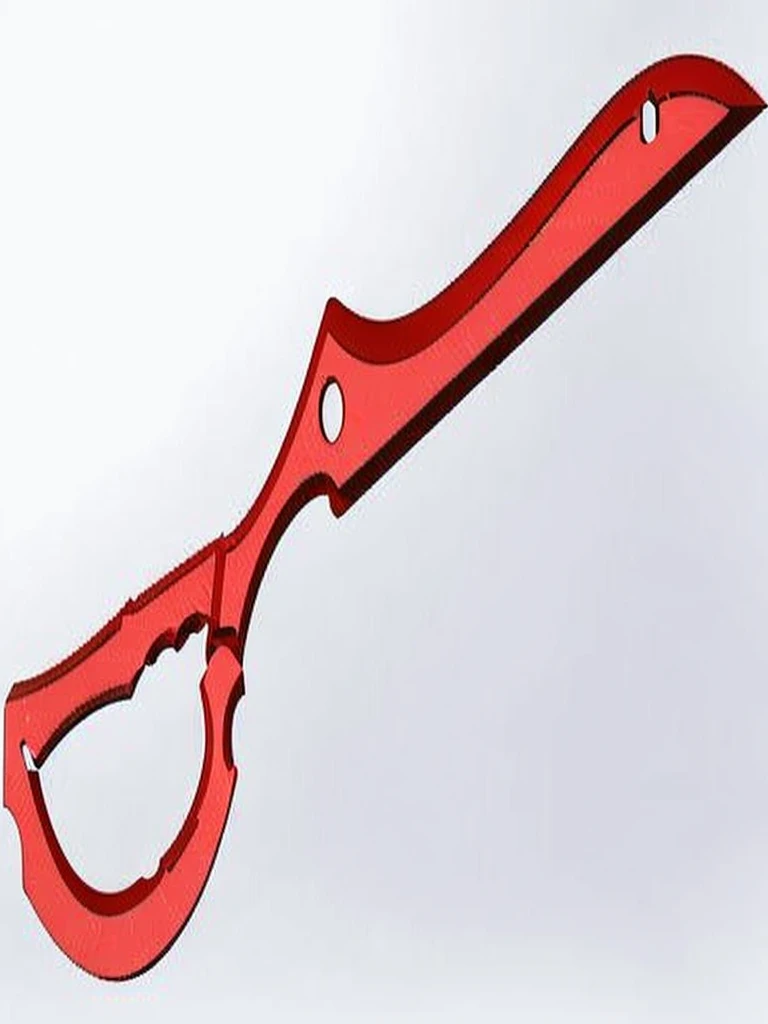 a colossal pair of scissors, much larger than any common scissors, with razor-sharp scarlet red blades that seem to almost pulse with a sinister energy. The edges of the blades are adorned with intricate black detailing, like tribal patterns or ancient runes, which give the weapon an even more threatening appearance.The handle of the scissors is made of a material as black as night., maybe a dark metal or a magical wood, and is carved with shadowy figures and ornamentation reminiscent of gargoyles or mystical creatures. The handle design is ergonomic, allowing the user to handle it with surprising ease despite its imposing size.Aura:The scissors emanate a dark and intimidating aura. A dark, turbulent mist seems to envelop the blades, occasionally releasing sparks of dark energy.