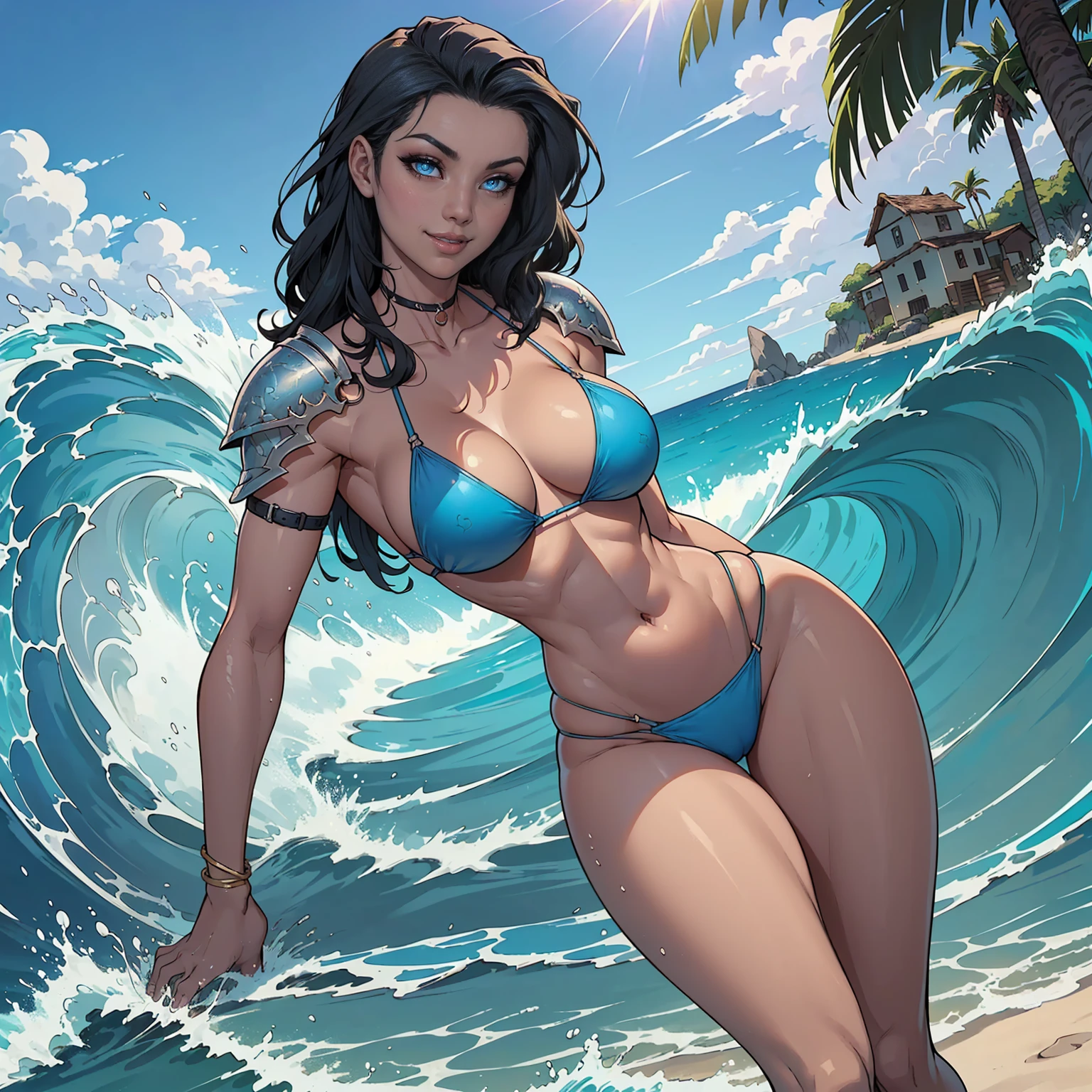 Aspen_M, ((long black hair, glowing blue eyes, makeup, narrow waist, skinny, medium breasts)), pelvic curtain, ((blue bikini, jewelry, bikini, bikini armor, pauldrons)), full body, perfect body, (insanely detailed, beautiful detailed face, masterpiece, best quality) , (((solo))), (((1girl))), (((mature))), (extremely detailed 8k paper CG wall unit: 1.1), (beach, sand, ocean, waves, sunnyday), (smile face for the viewer),