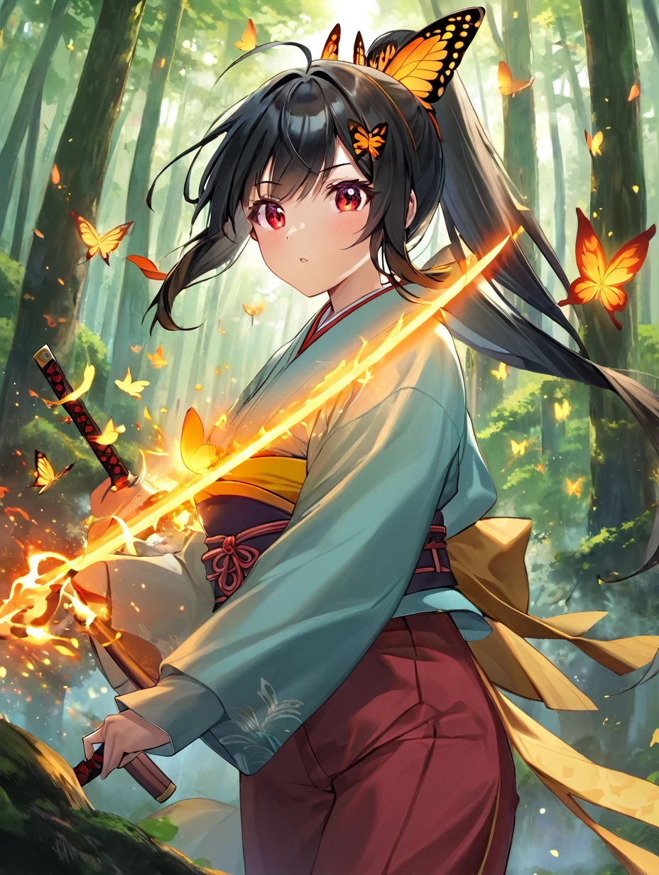 1female, 20 years old, Asian golden red eyes, thin eyes, yellowish skin, long black hair in a high ponytail, orange butterfly hairpin, bangs, turquoise Japanese haori, pale red Japanese hakama pants, long sleeves, Japanese belt with butterfly ornaments, odachi Japanese sword with fire magic, stern expression, concentration, forest around, fire magic, butterflies, battle pose