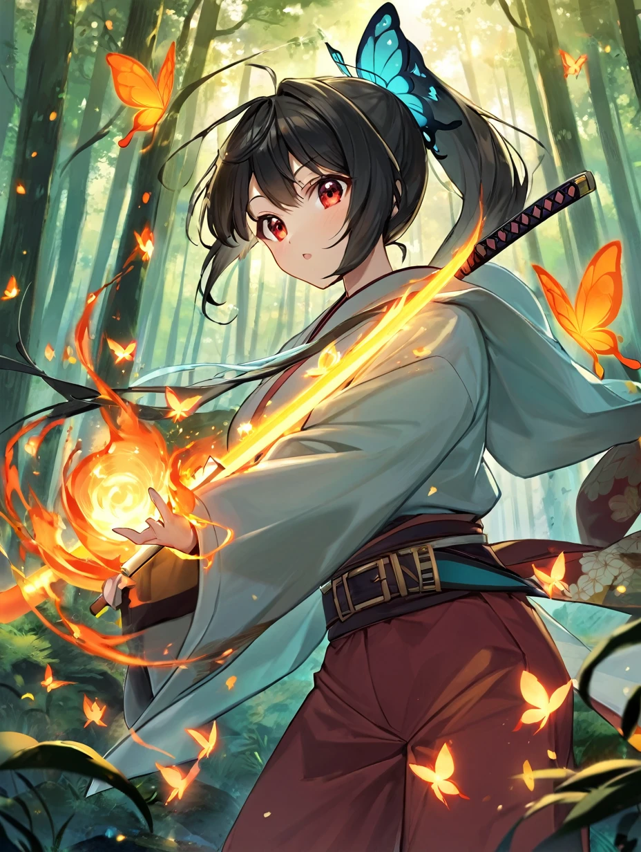 1female, 20 years old, Asian golden red eyes, thin eyes, yellowish skin, long black hair in a high ponytail, orange butterfly hairpin, bangs, turquoise Japanese haori, pale red Japanese hakama pants, long sleeves, Japanese belt with butterfly ornaments, odachi Japanese sword with fire magic, stern expression, concentration, forest around, fire magic, butterflies, battle pose