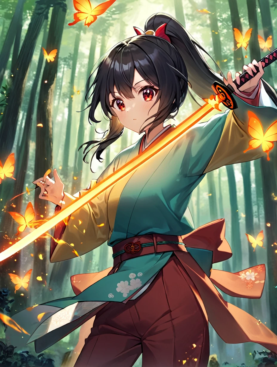 1female, 20 years old, Asian golden red eyes, thin eyes, yellowish skin, long black hair in a high ponytail, orange butterfly hairpin, bangs, turquoise Japanese haori, pale red Japanese hakama pants, long sleeves, Japanese belt with butterfly ornaments, odachi Japanese sword with fire magic, stern expression, concentration, forest around, fire magic, butterflies, battle pose