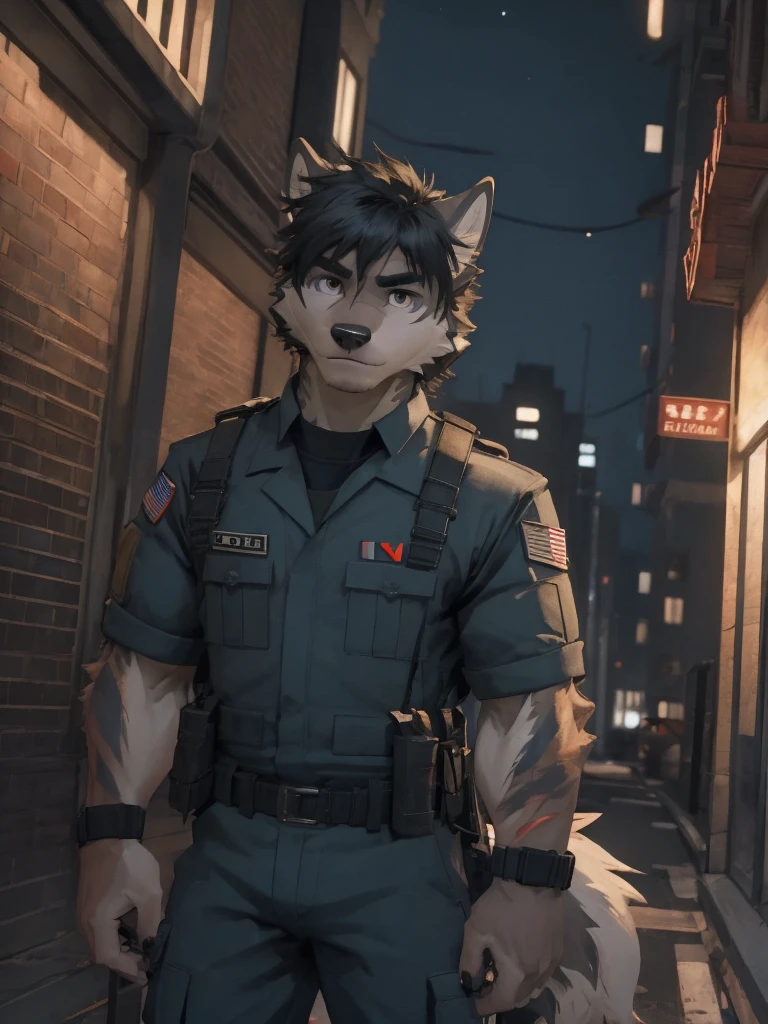 Male, male focus, wolf, short hairs, black fur, white fur, black hair, Red heart stripes on his hair, navy seal military uniform, high quality, highlight, shade, shadow, city street, night, scars, high details, Very high level of detail, Very detailed shading 