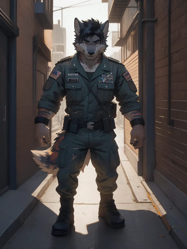 Male, male focus, wolf, short hairs, black fur, white fur, black hair, Red heart stripes on his hair, navy seal military uniform, high quality, highlight, shade, shadow, city street, night, scars, high details, Very high level of detail, Very detailed shading 