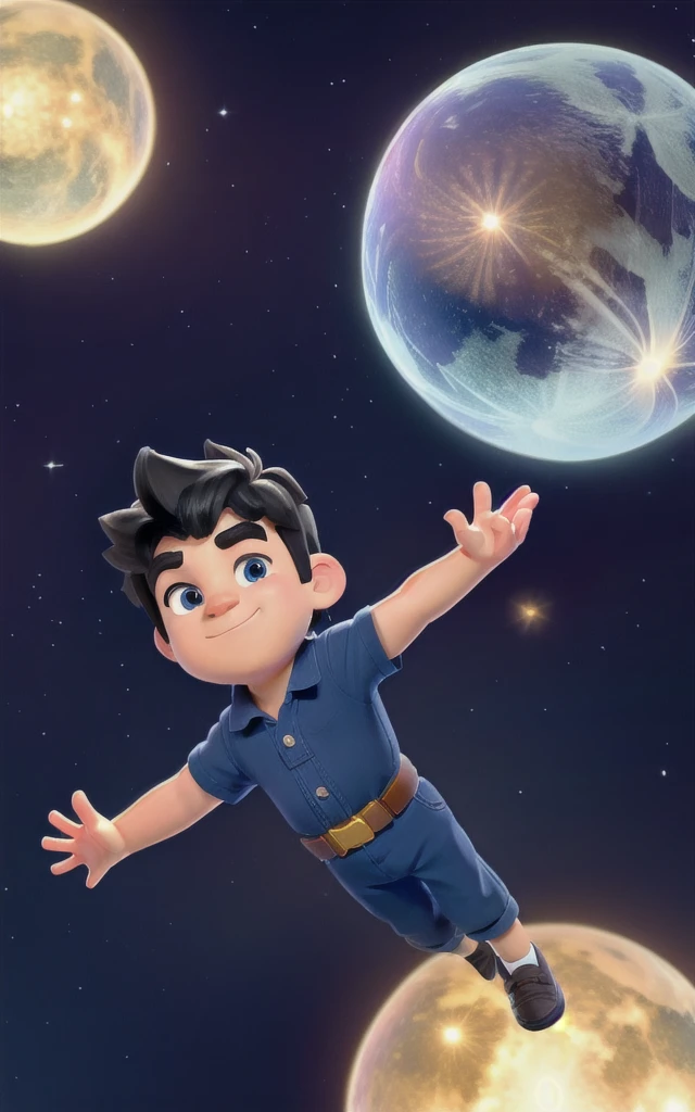 a cartoon boy flying in galaxy