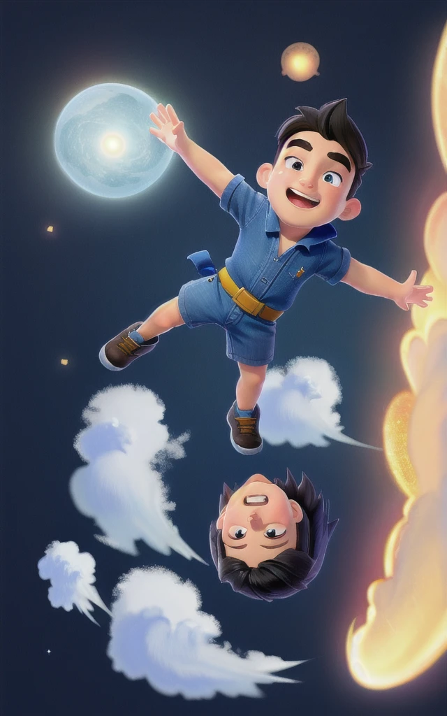 a cartoon boy flying in galaxy