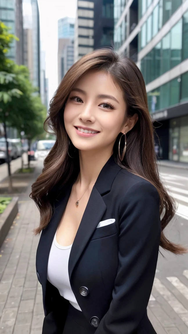 (Highest quality、8K、masterpiece:1.3)、Beautiful woman with perfect figure:1.4、((Dark brown super long hair))、24-years-old、((Office lady at a top company))、170cm tall and a dynamic body、Russians and Japan mixes、Beautiful Face、Athletic build and muscular、Wearing a pendant、((A tight dark blue suit))、White blouse、Highly detailed face and skin、fine grain、double eyelid、((Big Breasts ))、 Big Ass、((front))、((smile))、((Standing at a distance))、((whole body))、Looking this way、((Black high heels))、The background is the Marunouchi business district.、