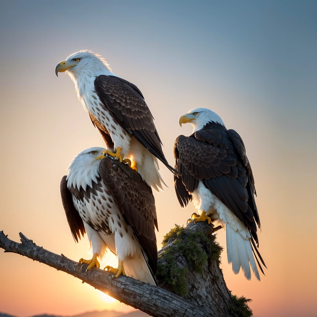 Create a powerful and fearless eagle perched atop a sturdy, dry branch during sunset. The eagle should exude strength and confidence, with visible feathers and claws, ready to face any challenge. The background sky should be tinted in vibrant shades of orange, indicating a dramatic evening between 4 and 5 PM. The sunset light should highlight the eagle's features and cast subtle shadows on the branch and surroundings. Use a realistic color palette with tones of orange, gold, and earthy hues.