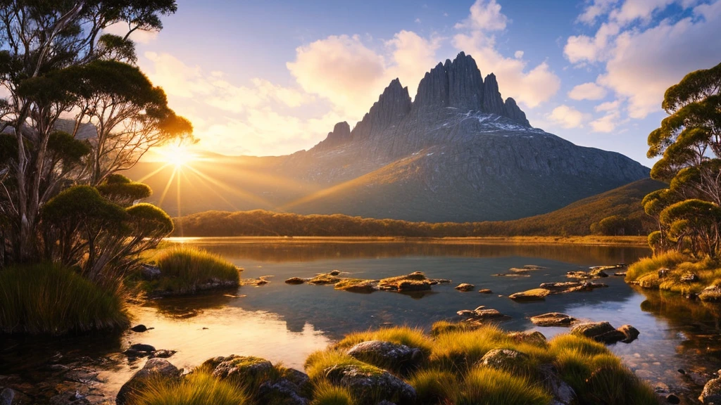 Very detailed animated illustrations, Cradle Mountain Tasmania,
High quality, Dreamy,  , Popular on ArtStation, Ultra HD, (((by Quentin de Warren))):1.8, atmosphere, brightness