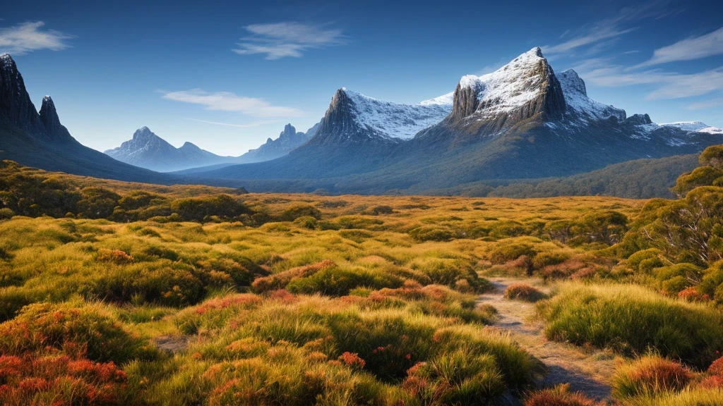 Very detailed animated illustrations, Cradle Mountain Tasmania,
High quality, Dreamy,  , Popular on ArtStation, Ultra HD, (((by Quentin de Warren))):1.8, atmosphere, brightness