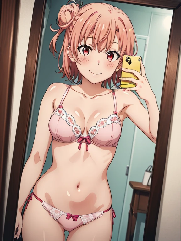 ((masutepiece, Best Quality, hight resolution, nffsw, Perfect Pixel, depth of fields, 4K, )), 1girl in, Solo, , Beautiful anime girl, Beautiful Art Style,
very low view angle:1.3, view from below:1.5, sky from below:1.5, bathroom background,
Perfect body, smile face:1.5 shot from below:1.4, finger on lips:1.5, selfie in mirror:1.5, pink lingerie:1.5,
Yuigahama Yui, Hair bun, short hair, medium breasts,
Full face blush, red face,
straight on:1.3, medium shot
