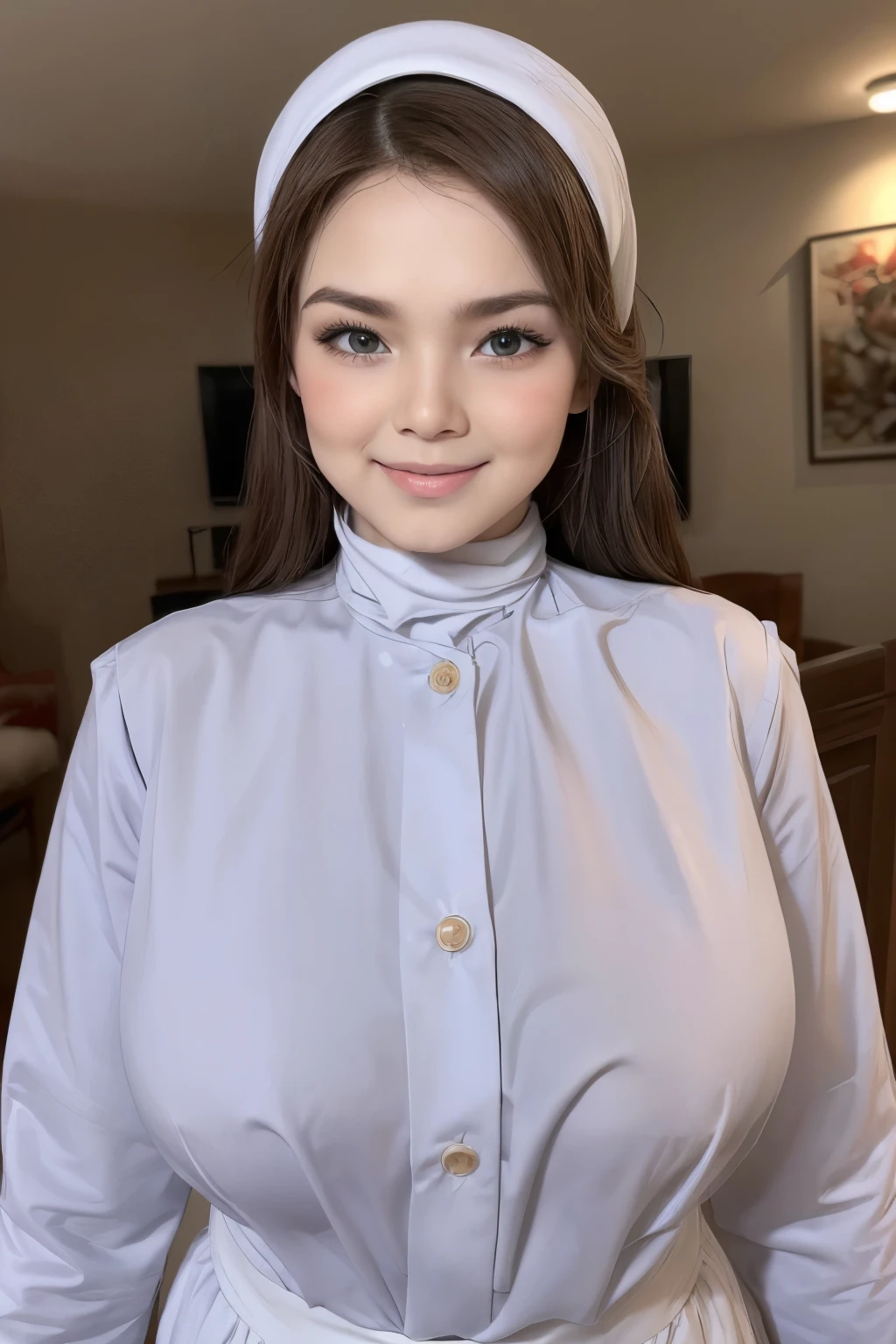 adorable, 1 girl, (face to face), 10 years old, baby face, happy, half body portrait, (face details: 1), (eye details:1), ((big breasts)). wearing transparent transparency long shirt, .. Cute posed. proportional body. Ultra High Res. realistic: 1.4, UHD