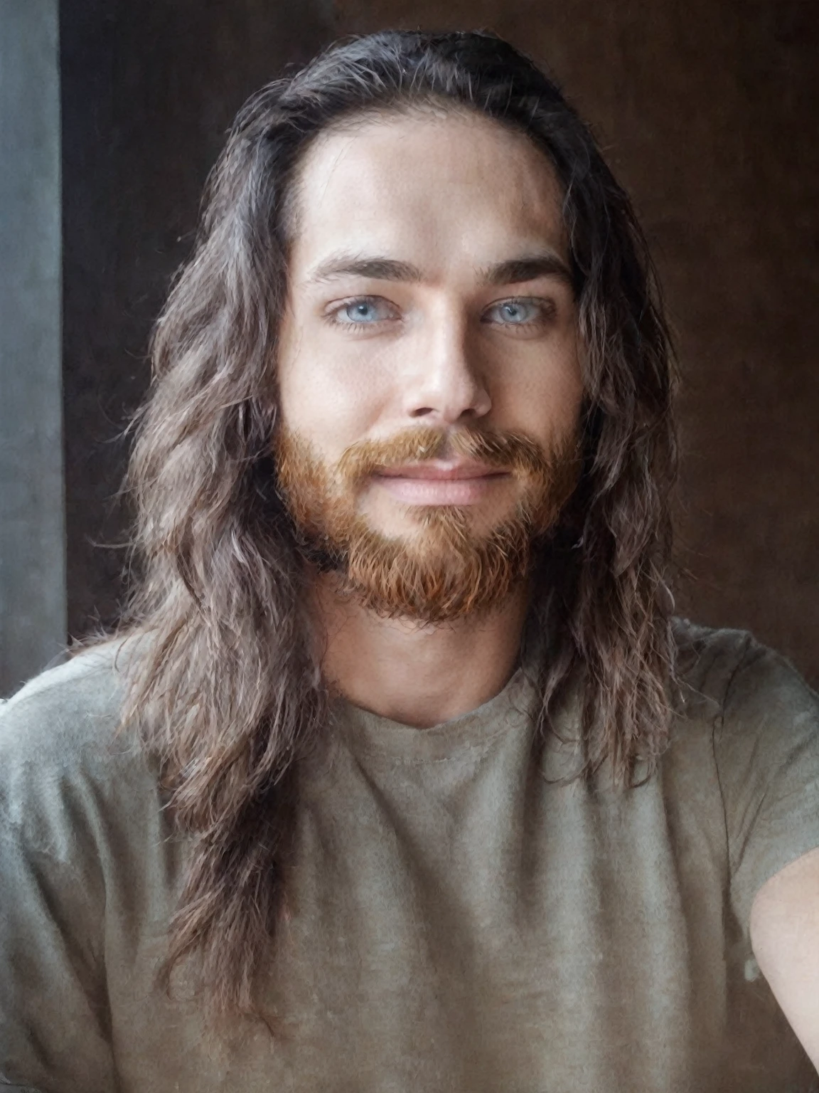 cheveux longs avec une barbe,  ses cheveux sont en désordre et négligés, 28 ans, 32 ans, une photo d'un homme échevelé, ambiance fallout, avec des yeux bleu lumineux