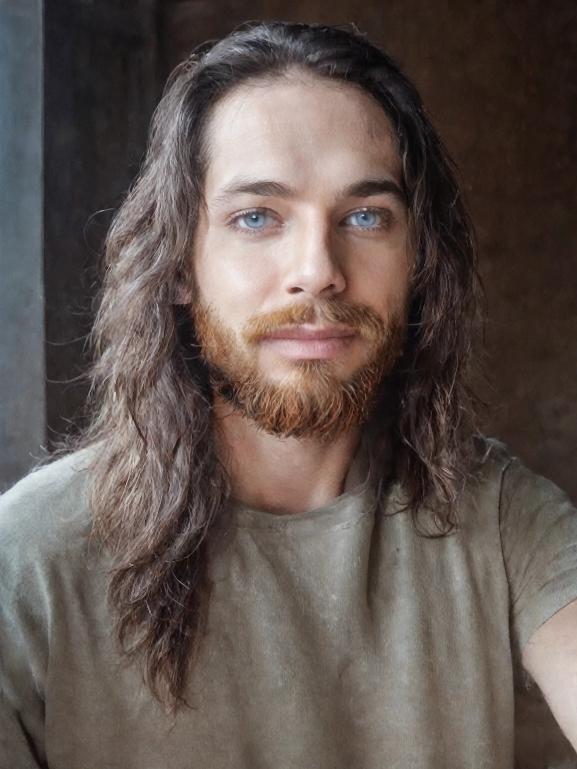 cheveux longs avec une barbe,  ses cheveux sont en désordre et négligés, 28 ans, 32 ans, une photo d'un homme échevelé, ambiance fallout, avec des yeux bleu lumineux