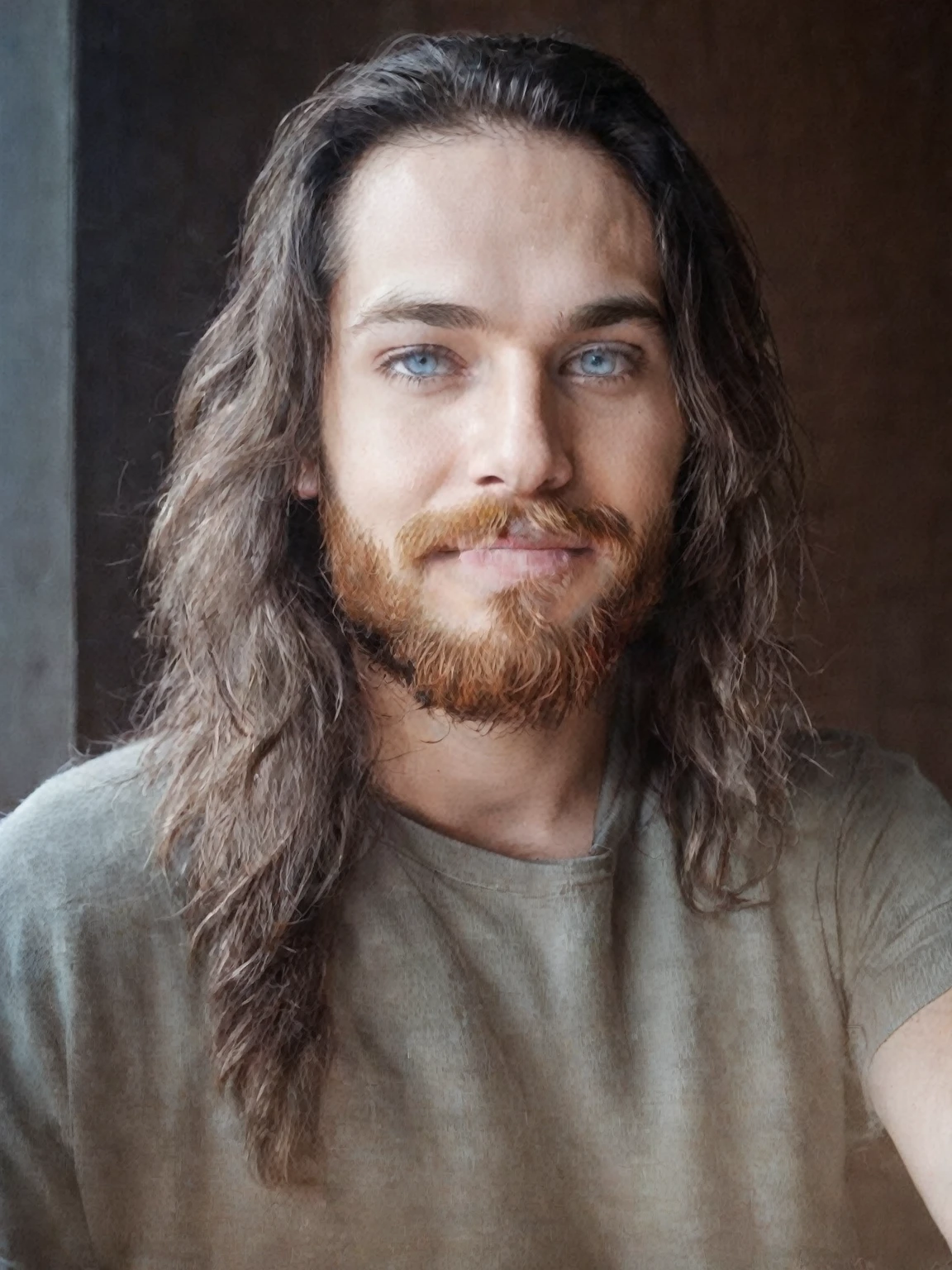 cheveux longs avec une barbe,  ses cheveux sont en désordre et négligés, 28 ans, 32 ans, une photo d'un homme échevelé, ambiance fallout, avec des yeux bleu lumineux