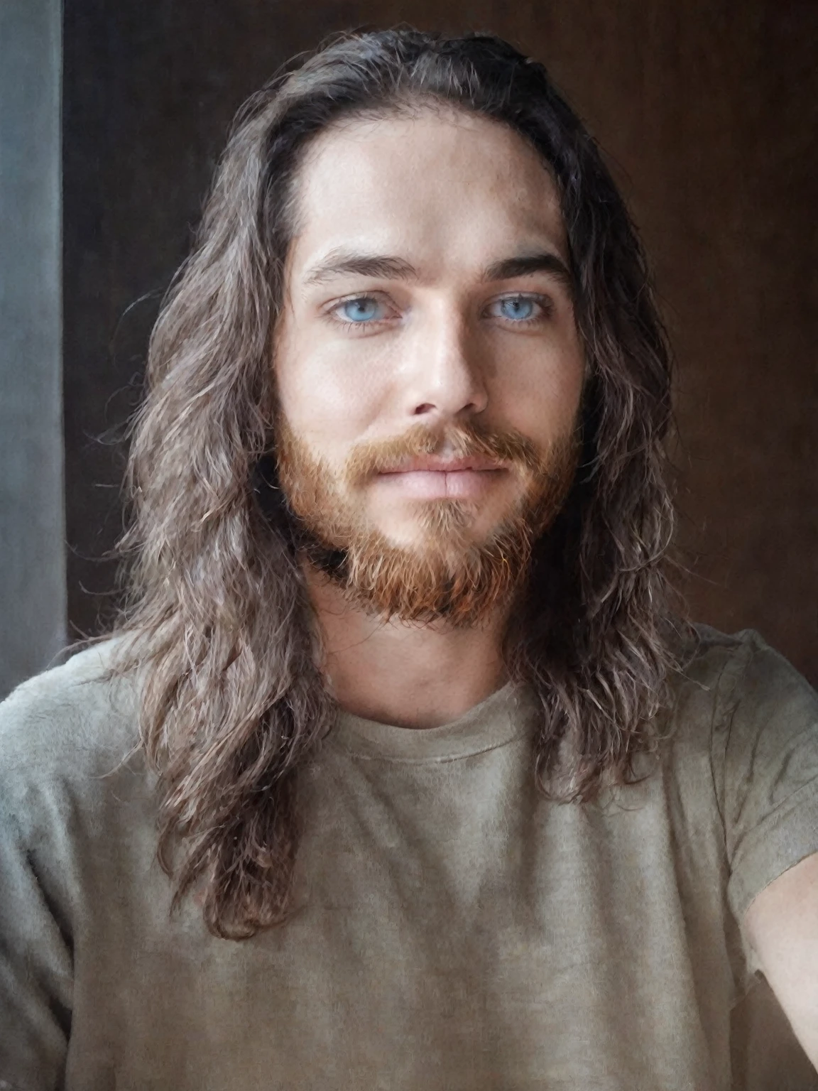 cheveux longs avec une barbe,  ses cheveux sont en désordre et négligés, 28 ans, 32 ans, une photo d'un homme échevelé, ambiance fallout, avec des yeux bleu lumineux