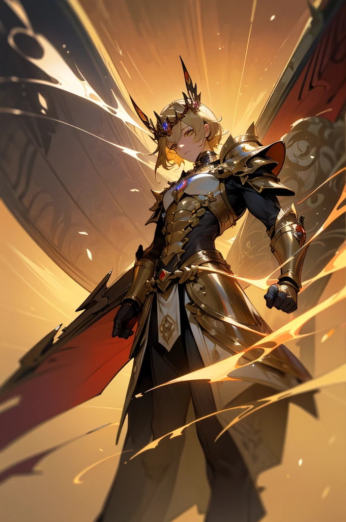 A man adorned in fantasy-style full-body armor, a crown-concept fully enclosed helmet that unveils only her eyes, a composite layered chest plate, fully encompassing shoulder and hand guards, a lightweight waist armor, form-fitting shin guards, the overall design is heavy-duty yet flexible, (the armor gleams with a golden glow, complemented by red and blue accents), exhibiting a noble aura, she floats above a fantasy-surreal high-tech city, this character embodies a finely crafted fantasy-surreal style armored hero in anime style, exquisite and mature manga art style, (mixture of king bee and Spider concept Armor, plasma), ((Element, elegant, god, masculine:1.5)), metallic, high definition, best quality, highres, ultra-detailed, ultra-fine painting, extremely delicate, professional, anatomically correct, symmetrical face, extremely detailed eyes and face, high quality eyes, creativity, RAW photo, UHD, 32k, Natural light, cinematic lighting, masterpiece-anatomy-perfect, masterpiece:1.5, male, blonde hair, yellow eyes, short hair, male 