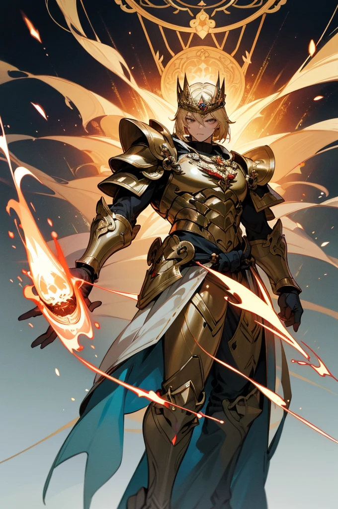 A man adorned in fantasy-style full-body armor, a crown-concept fully enclosed helmet that unveils only her eyes, a composite layered chest plate, fully encompassing shoulder and hand guards, a lightweight waist armor, form-fitting shin guards, the overall design is heavy-duty yet flexible, (the armor gleams with a golden glow, complemented by red and blue accents), exhibiting a noble aura, she floats above a fantasy-surreal high-tech city, this character embodies a finely crafted fantasy-surreal style armored hero in anime style, exquisite and mature manga art style, (mixture of king bee and Spider concept Armor, plasma), ((Element, elegant, god, masculine:1.5)), metallic, high definition, best quality, highres, ultra-detailed, ultra-fine painting, extremely delicate, professional, anatomically correct, symmetrical face, extremely detailed eyes and face, high quality eyes, creativity, RAW photo, UHD, 32k, Natural light, cinematic lighting, masterpiece-anatomy-perfect, masterpiece:1.5, male, blonde hair, yellow eyes, short hair, male 