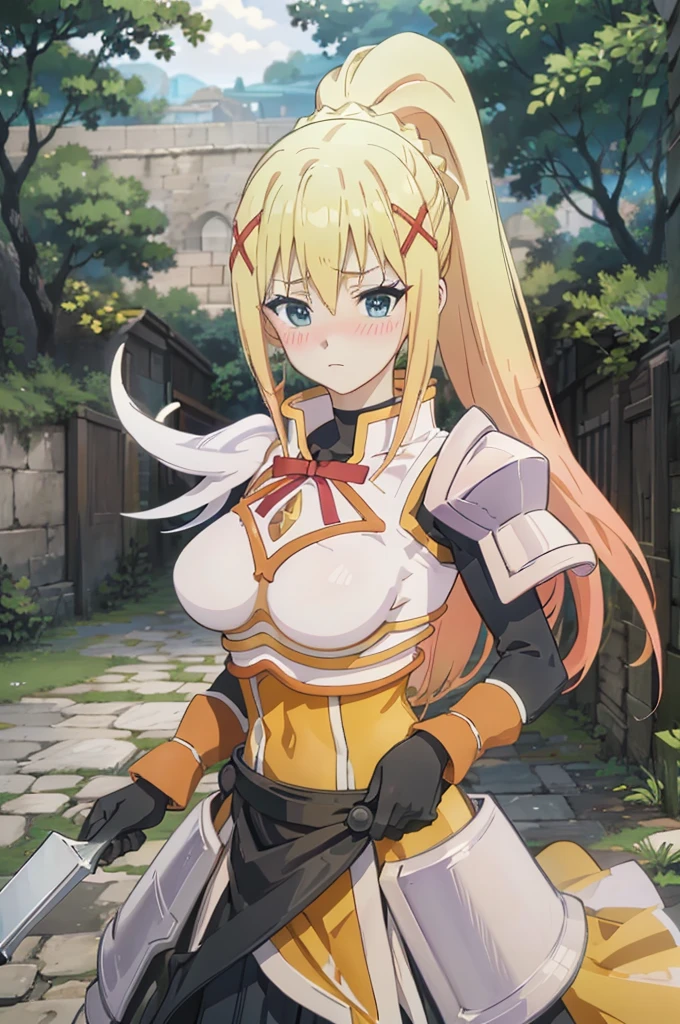 masterpiece, best quality, high resolution, best illustration, super fine illustration, (official art:0.6), (anime screencap:1.1), detailed beautiful face and eyes, anime keyvisual, (perfect anatomy:1.1), 8k portrait, (detail focus fingers:1.2), 
1girl,
darkness, 
darkness \(konosuba\),
long hair, ponytail, x hair ornament, 
blonde hair, 
(blue eyes:1.2), 

black gloves, 
large breasts, 
armor, pauldrons, shoulder armor, long skirt, 
(blush:1.5), 
looking at viewer, 
cowboy shot, 
arched back, 
natural light, 
background of outdoor, city, village, 