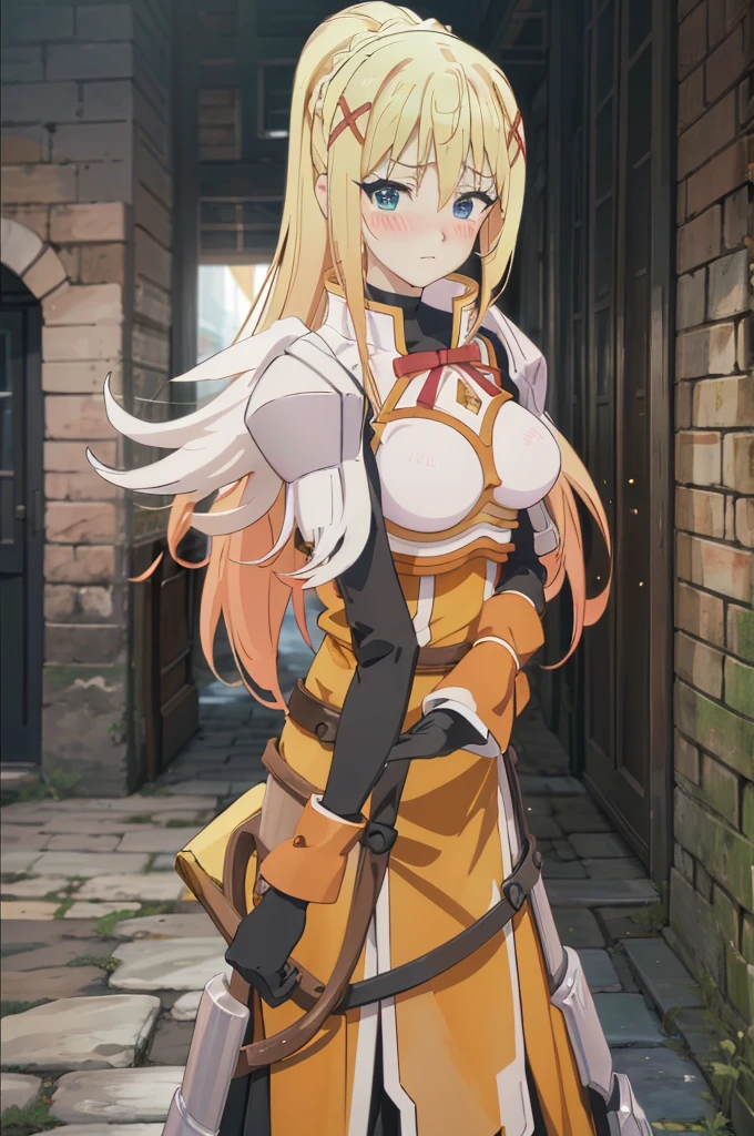 masterpiece, best quality, high resolution, best illustration, super fine illustration, (official art:0.6), (anime screencap:1.1), detailed beautiful face and eyes, anime keyvisual, (perfect anatomy:1.1), 8k portrait, (detail focus fingers:1.2), 
1girl,
darkness, 
darkness \(konosuba\),
long hair, ponytail, x hair ornament, 
blonde hair, 
(blue eyes:1.2), 

black gloves, 
large breasts, 
armor, pauldrons, shoulder armor, long skirt, 
(blush:1.5), 
looking at viewer, 
cowboy shot, 
arched back, 
natural light, 
background of outdoor, city, village, 