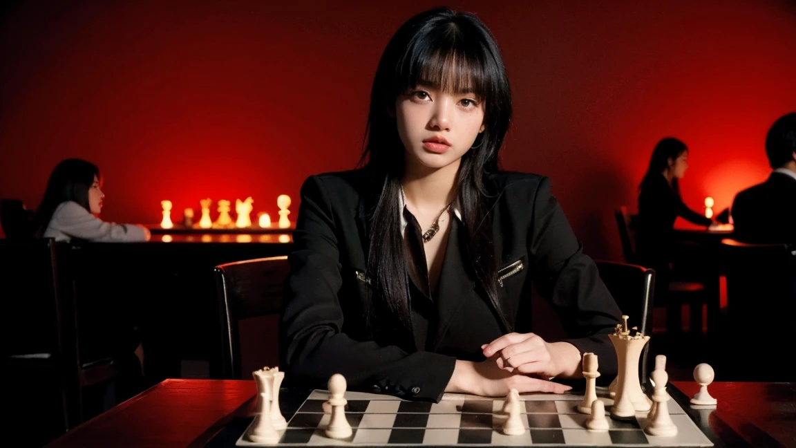 21yo girl, black hair, Dark room with red lights, chess board on the table