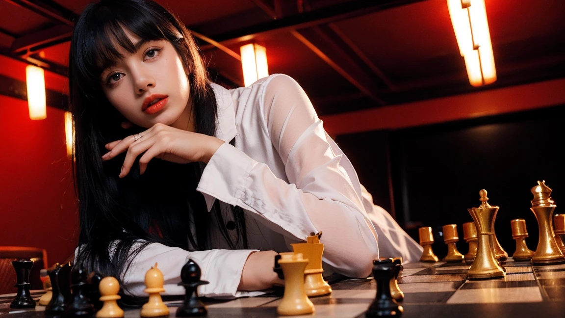 21yo girl, black hair, Dark room with red lights, chess board on the table