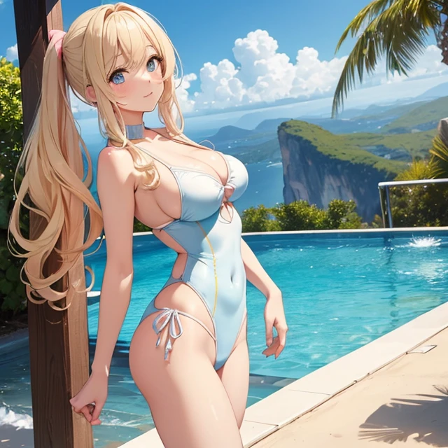(masterpiece image, very detailed image, best high quality high definition image High very detailed Quality image, Very detailed high quality image), solo character, sunny natural park with pool
1girl, absolute beauty, 28 years old, fair pale skin, light blue eyes, sexy beauty features, long blonde golden hair tied in two pigtails with pink ribbons and blonde golden hair curly fringe near the nose, voluptous figure, big breasts, round butt, beautiful legs, (white pale blue swimsuit), cheerful and friendly demeanor,