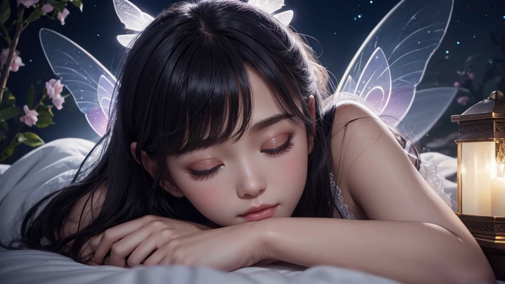 A beautiful fairy with wings、Sleeping、Fairy in front、Upper Body、bangs、Close-up of face、Glossy lips、night、high resolution、mysterious、high resolution、