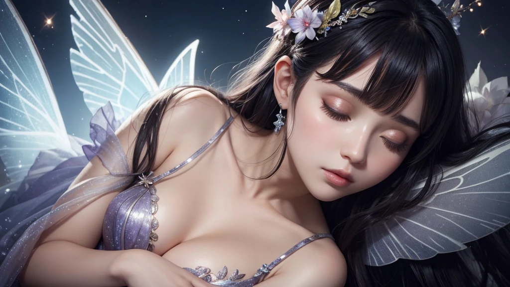 A beautiful fairy with wings、Sleeping、Fairy in front、Upper Body、bangs、Close-up of face、Glossy lips、night、high resolution、mysterious、high resolution、