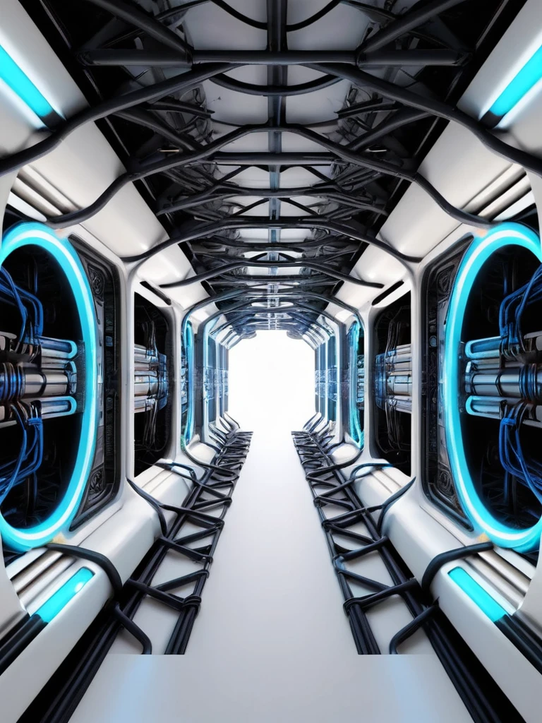 tunel, infernal themed futuristic background image, cables hell neon, symmetrical image, hell, White wall, negro, blue