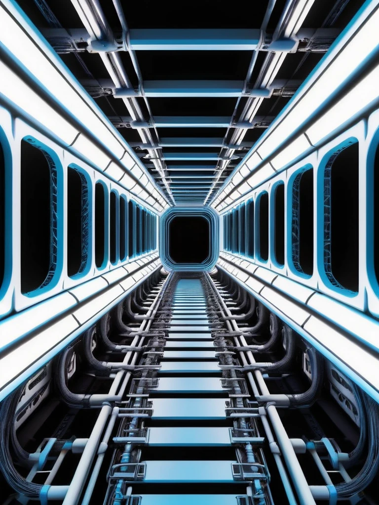 tunel, infernal themed futuristic background image, cables hell neon, symmetrical image, hell, White wall, negro, blue