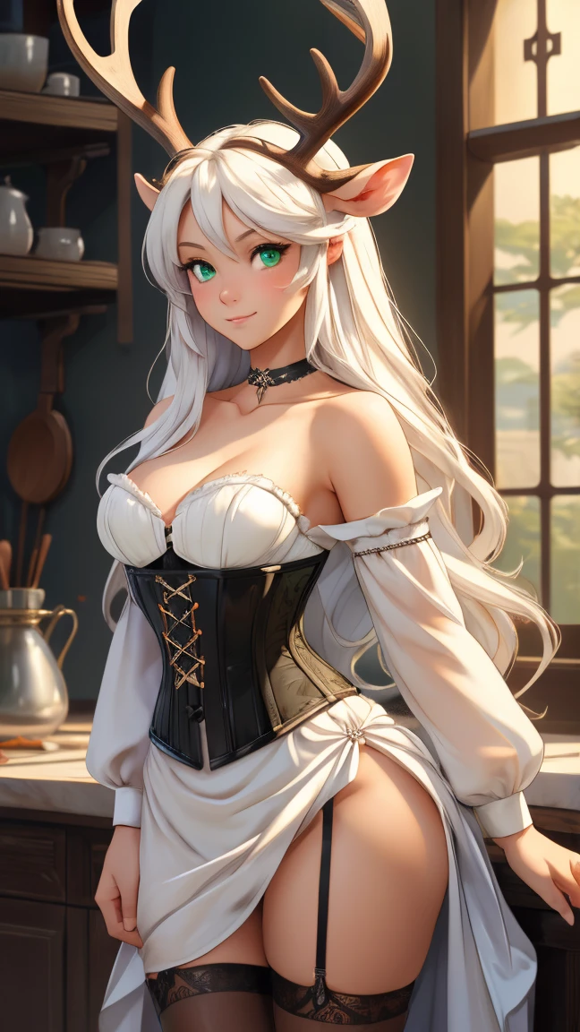 Deer Girl, ((without antlers)) Gentle, ((white colored hair)) ((Eat a cute reindeer tail)) Long Beautiful Hair, ((Beautiful and detailed face)), Charming, Kind expression on his face, Facing the camera, ((Skin color: white)), Body glare, ((Clear and detailed eyes)), ((Beautiful Female Eyes)), ((green colored eyes)), ((Perfect Sexy Figure)), ((Ideal body shapes)) ((Detailed hands)), big thighs, ((Subtle and beautiful)), ((sexy clothes: ((White Medieval Dress)) z ((black corset)) and sexy neckline, chocker on neck)), Standing like a servant, background: Modern Kitchen Beautiful House, Depth of field, ((ultra quality)), ((tmasterpiece)), ((clear image)), ((crisp details)), ((Realistic)), ((Professional Photo Session)), ((Clear Focus)), the anime, ((Colorfully drawn)), NSFW, ((Stockings)), flirting face, teasing legs, full body view, sexy milf