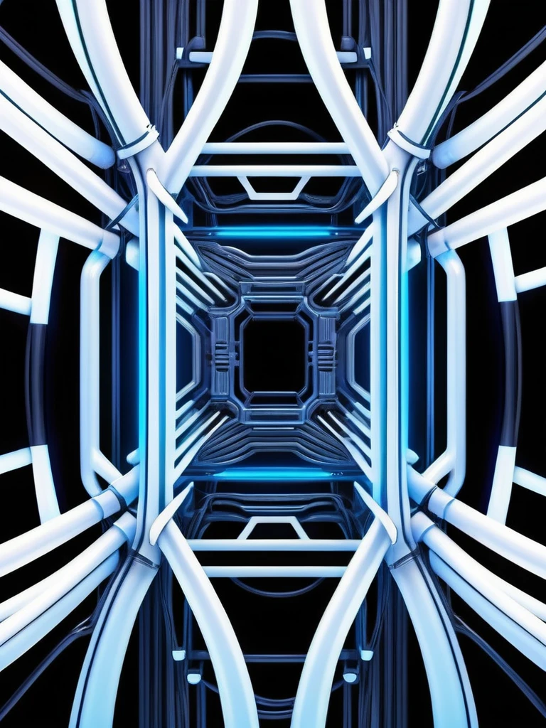 infernal themed futuristic background image, cables hell neon, symmetrical image, hell, White wall, negro, blue