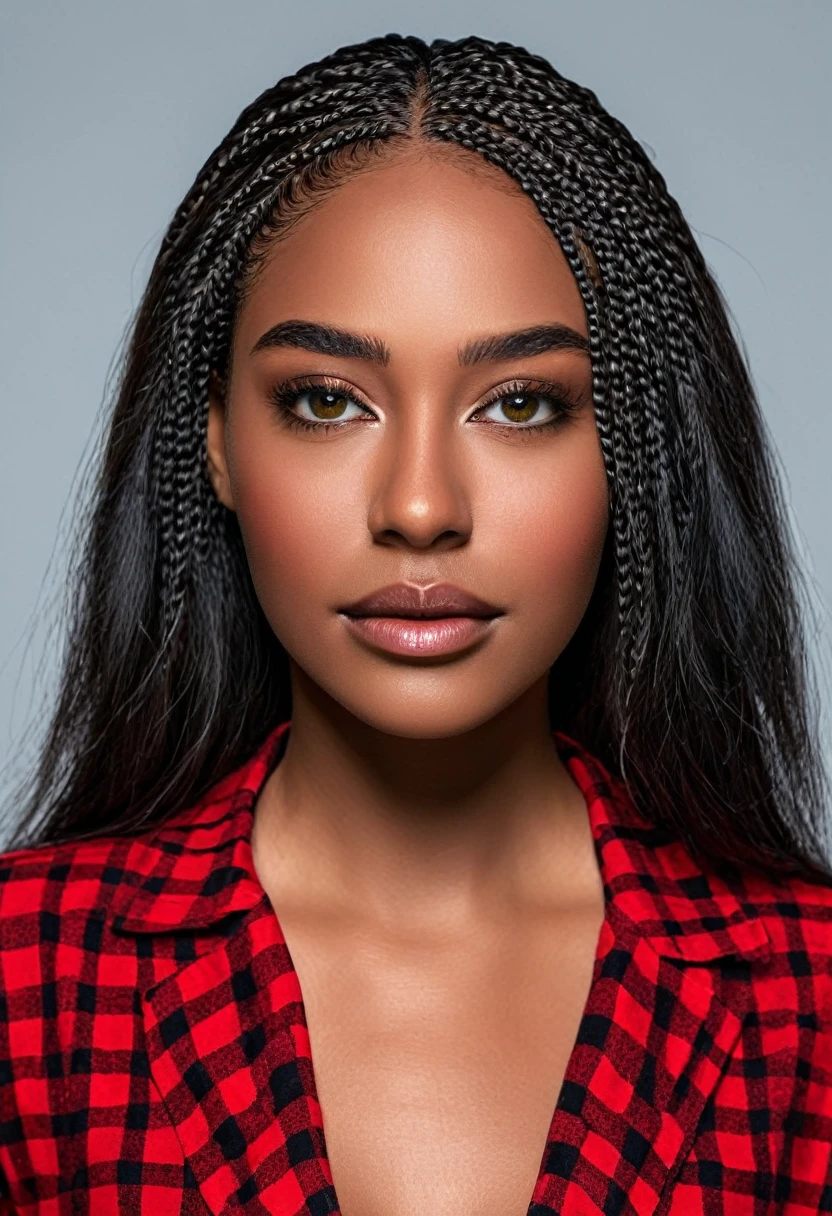 A beautiful woman, beautiful Latin face, young Brazilian Nyvi Estephan, Brazilian supermodel, serene and elegant beauty, Angolan descent, young adult 30 years old, nerdy woman, tall woman, a stunning black woman, with indigenous features, beautiful indigenous girl, native Brazilian, ((An indigenous African girl with European ebony)), ((her beauty is undeniable)), beautiful young ebony with dark skin, tanned Mexican, black hair with brown highlights, hairstyle with braid, there are two braids, black hair with brown highlights. has an exotic beauty with beautiful green eyes, green realistic eyes, bright green eyes, ultra detailed green eyes, ultra realistic green eyes, natural green eyes, ultra detailed iris, perfect eyes, perfect iris, hyper realistic eyes, eyeliner, long eyelashes and defined, penetrating gaze that conveys confidence, striking, powerful expression, strong presence, striking makeup, full, voluminous lips, seductive lips, captivating, striking, unforgettable, dazzling, mischievous smile, wide smile, your features are captivating, subtle smile on your lips , beautiful and detailed face, detailed skin texture, Notice her perfectly shaped eyebrows, which arch gracefully above her eyes, small nose that is proportionate to her face, and soft contour of her face that accentuates her high cheekbones. Beautiful and glowing skin, intricate details, smooth skin, healthy and radiant appearance, Attractive slim woman, Average bust, Average and beautiful breasts, athletic physique, flat stomach, slim waist, huge hips, wide hips, big ass, thick thighs, legs shapely concept art. She wears a red and black plaid shirt with long sleeves, a short black latex skirt and long black knee-high boots. 3D 4k, high resolution, full sharpness photo realistic, breathtaking, Lentille nette, Photographie professionnelle, Objectif 70mm, Unreal Engine 5, wallpaper, colorful, art, (Hdr: 1.5), hyper-detailed, (ArtStation: 1.5) rich color, hyper-realistic, realistic texture, (dramatic l
