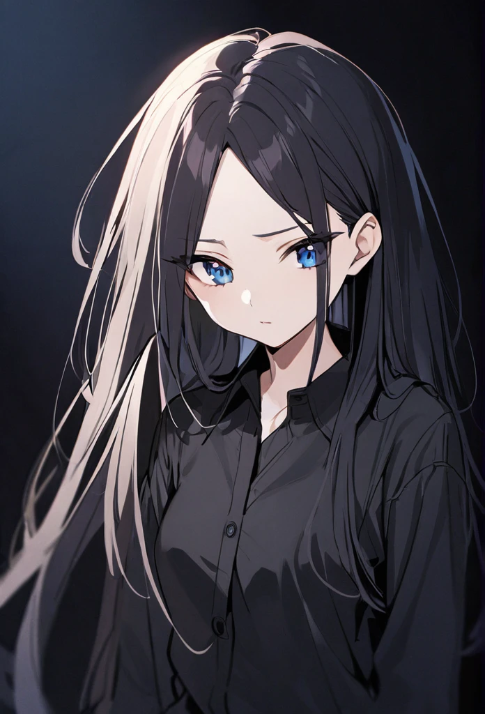 girl, black hair, long hair, pigtails, open forehead, no bangs, blue eyes, medium chest, black button-down shirt