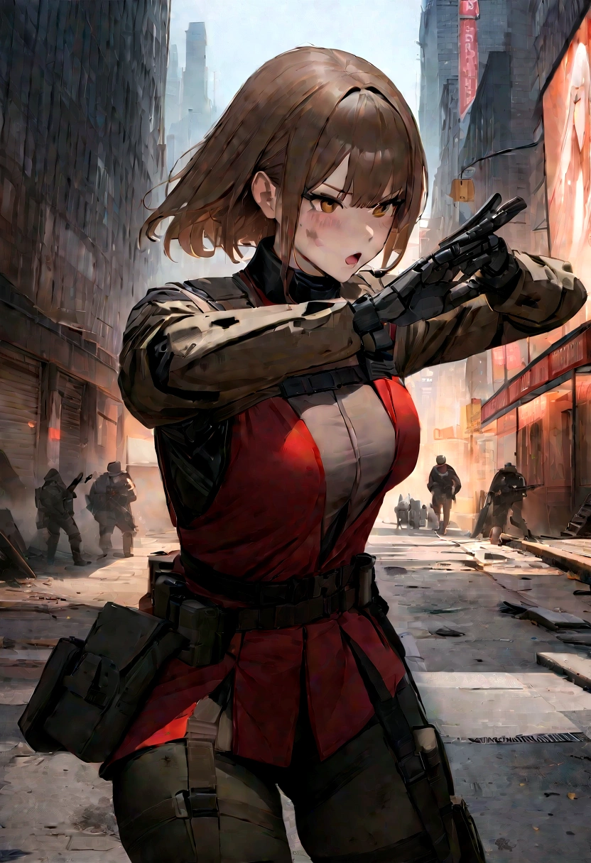 (Masterpiece, Best Quality, photorealestic:1.4), , (UHD, 8k wallpaper, High Resolution), japaness girl as a cyborg soldier in a cyborg military uniform with an M16 in her hands, dusty bodywork, dirty brown hair, dusty face, very tight musculature, dynamic pose, sharp expression. Against the backdrop of a ruined New York City, dressed in red black cyborg military uniforms with crimson trim, Oppressive atmosphere, postapocalypse, photon mapping
