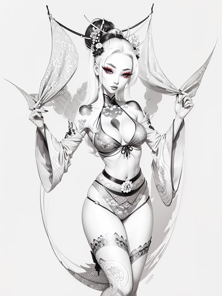 Geisha sexy demon black and white drawing