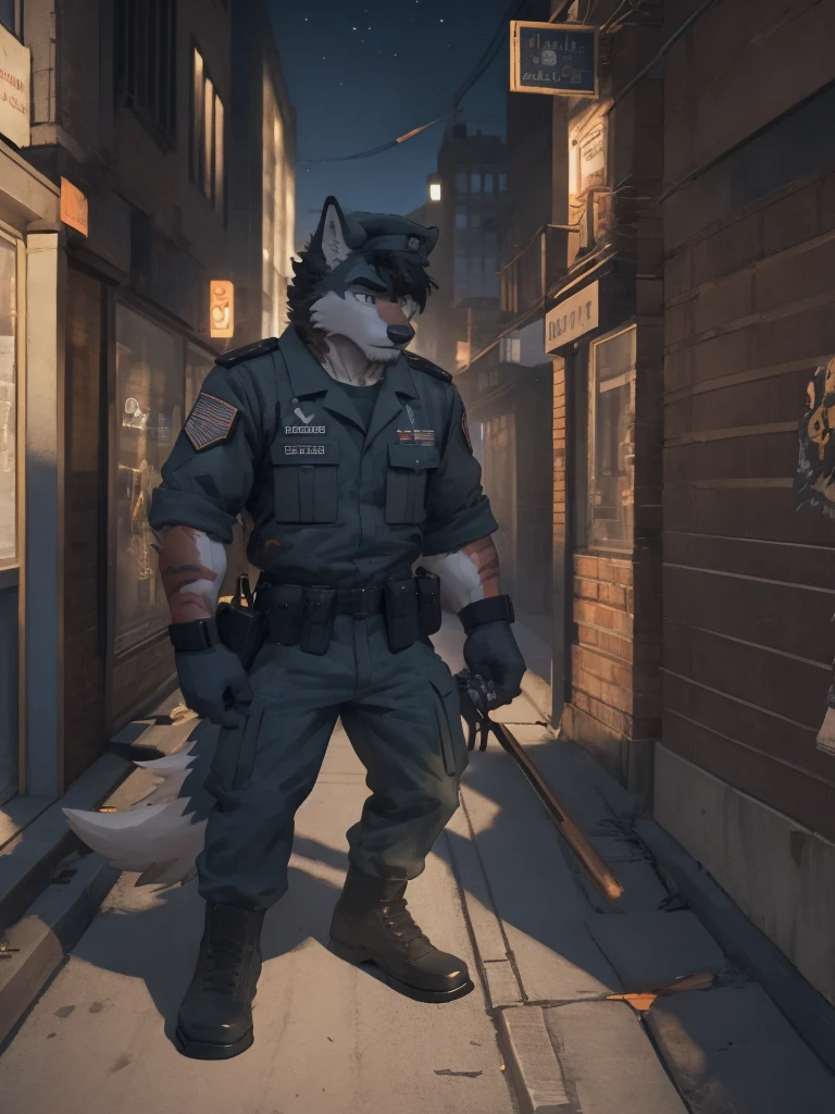 Male, male focus, wolf, 20 years old, short hairs, black fur, white fur, black hair, Red heart stripes on his hair, navy seal military uniform, high quality, highlight, shade, shadow, city street, night, scars, high details, Very high level of detail, Very detailed shading
