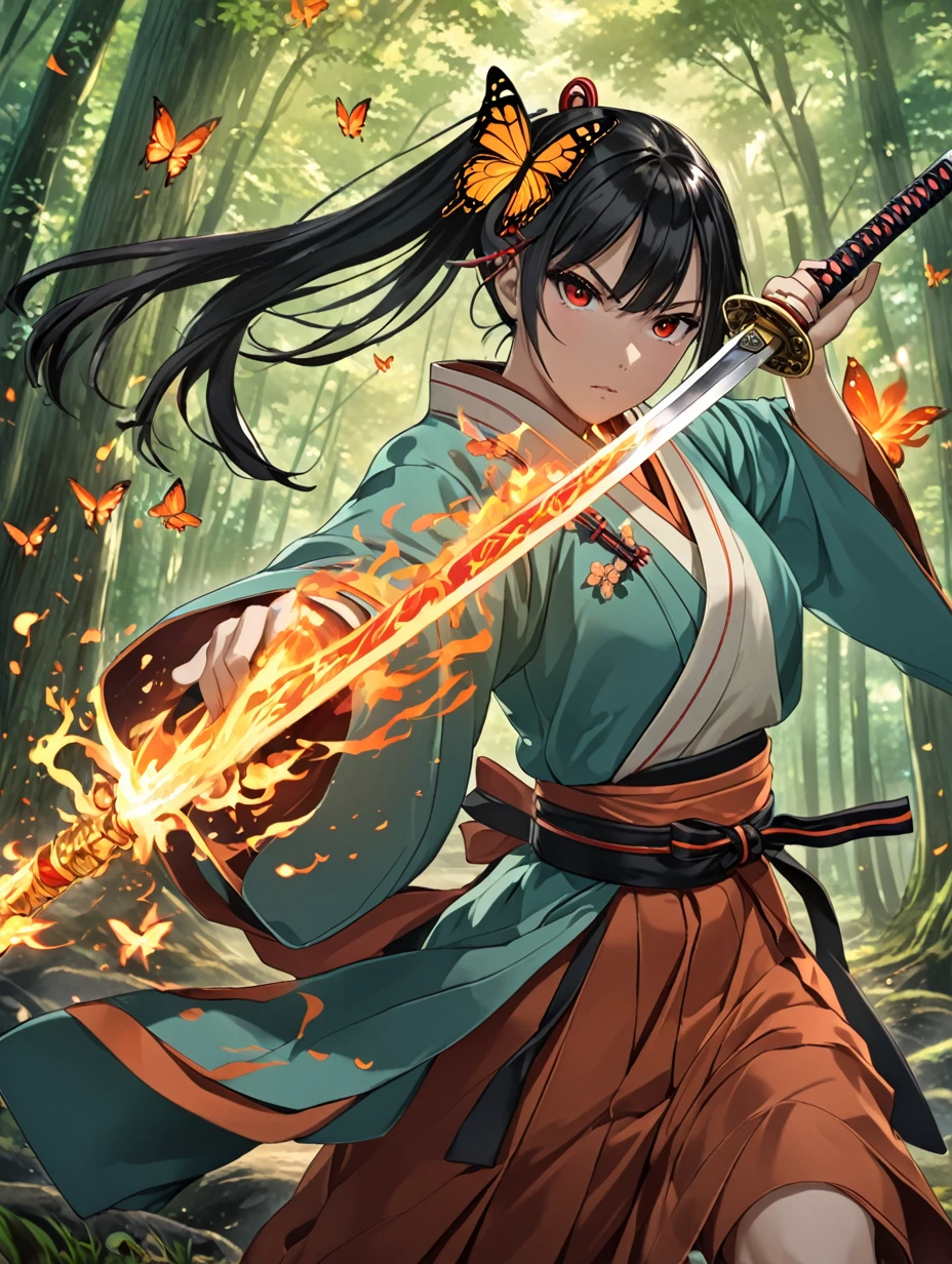 1female, 20 years old, Asian golden red eyes, thin eyes, yellowish skin, long black hair in a high ponytail, orange butterfly hairpin, bangs, turquoise Japanese haori, pale red Japanese hakama pants, long sleeves, Japanese belt with butterfly ornaments, odachi Japanese sword with fire magic, stern expression, concentration, forest around, fire magic, butterflies, battle pose