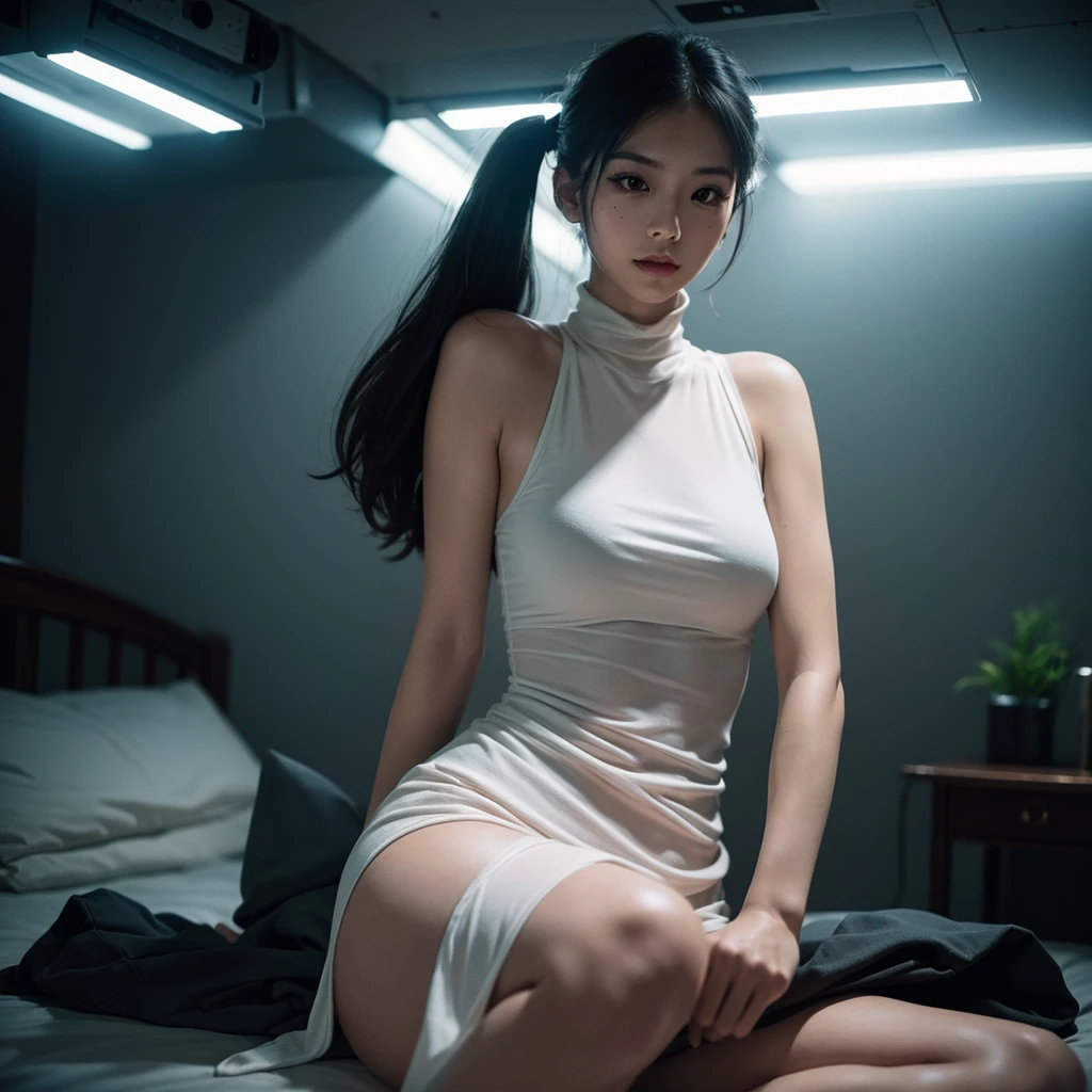 (work of art) best qualityer, ultra detaild, golden neon proportion, ultra realistic) Photo of a Japanese woman with penetrating and intense gaze, dressed in retrofuturistic costume (moles, tshirts, fair shirts, fair dresses) vibrant makeup, bedroom setting with a cold tone wall, Perfect rare face, highly detailed skin, long straight black hair: Full, slightly pink mouth, ink tattoos, pale and glowing skin, fine tune, Big size, Sharp focus on rare face, perfect black eyes: photorrealistic, Film grain, one foot forward, from below looking up, Look to the camera, Emphasize your shoulders with a holster, scabbard, tactical knife, facefocus, Stockings, scarves, leashes, Smile with the corners of your mouth raised, disdainful expression, night lights, instagram style, back-illuminated, outer space, Retro Technology, cyber punk, retrofuturism, 80's perm, misty, misty, 80's house, soft warm colors, theatrical portrait, vinyl dress, Suburban retrofuturistic mercenaries, cautious, searchlight, volumetric dust clouds, Main light, contra-luz, ray tracing, soft natural neon lighting, Film grain ISO 400, 30mm lense, openness, Analog photography, cores hdr